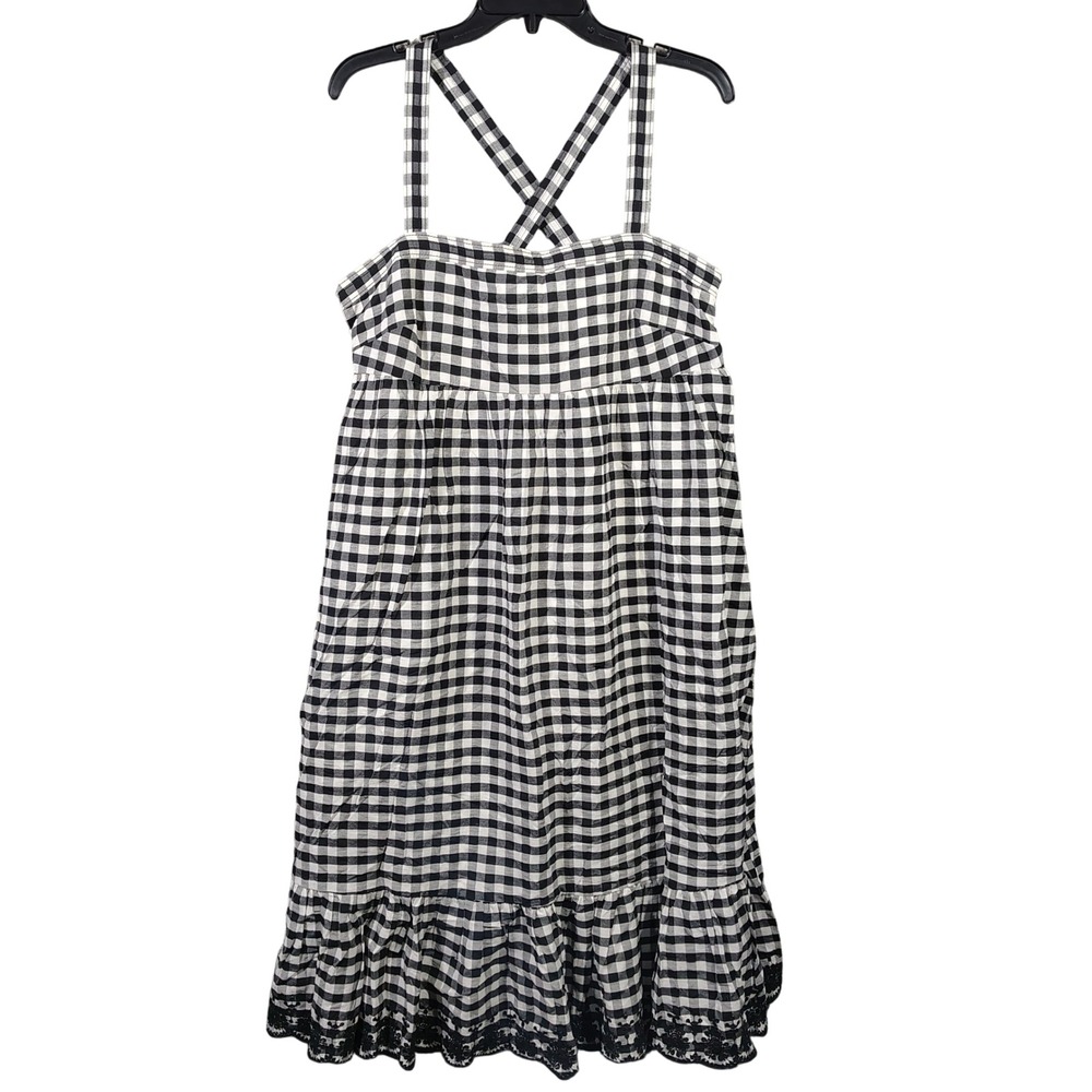 J.Crew Midi Dress Black White Gingham Eyelet Hem Cottagecore Womens 14